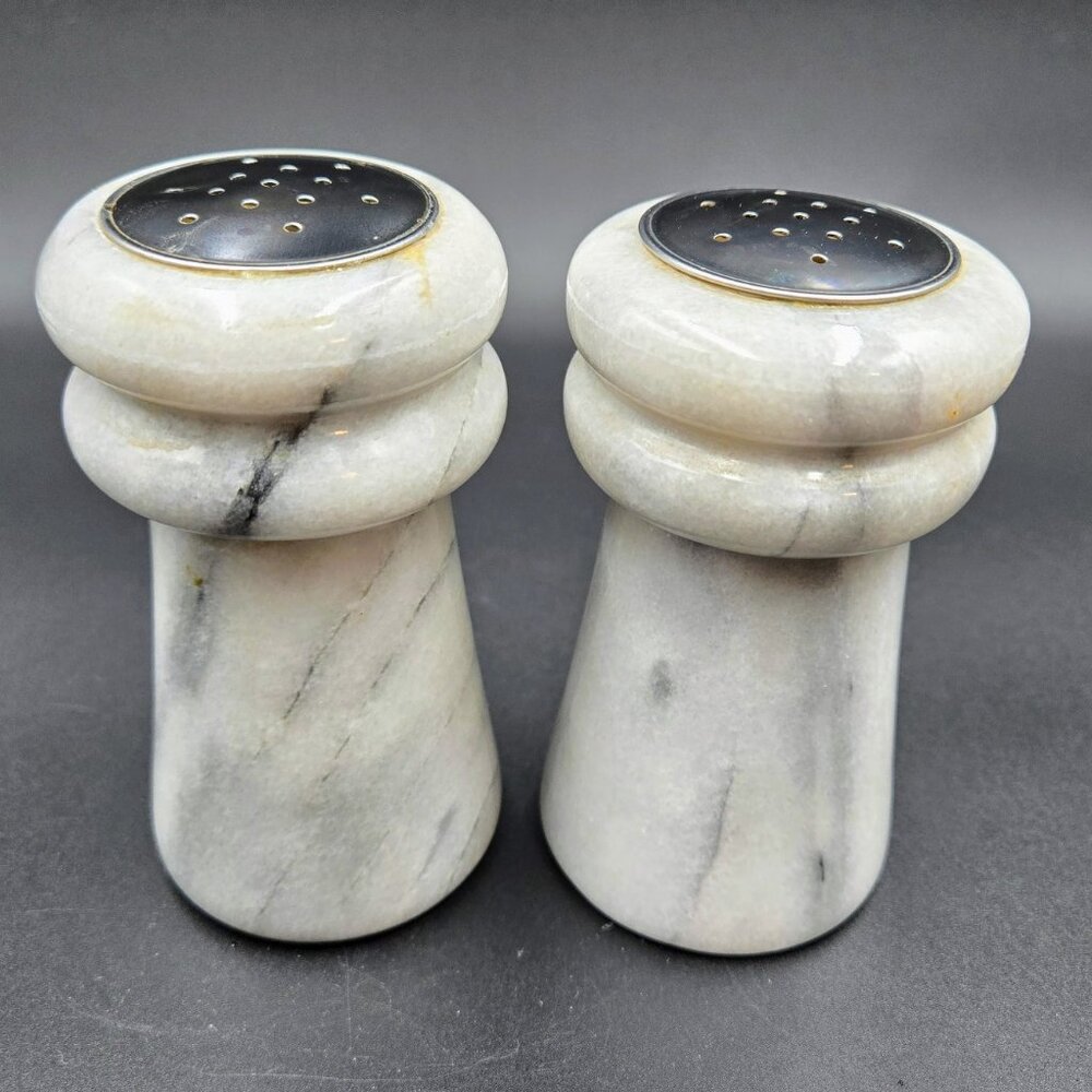 Marble Salt & Pepper Shakers White Grey Heavy Set Read